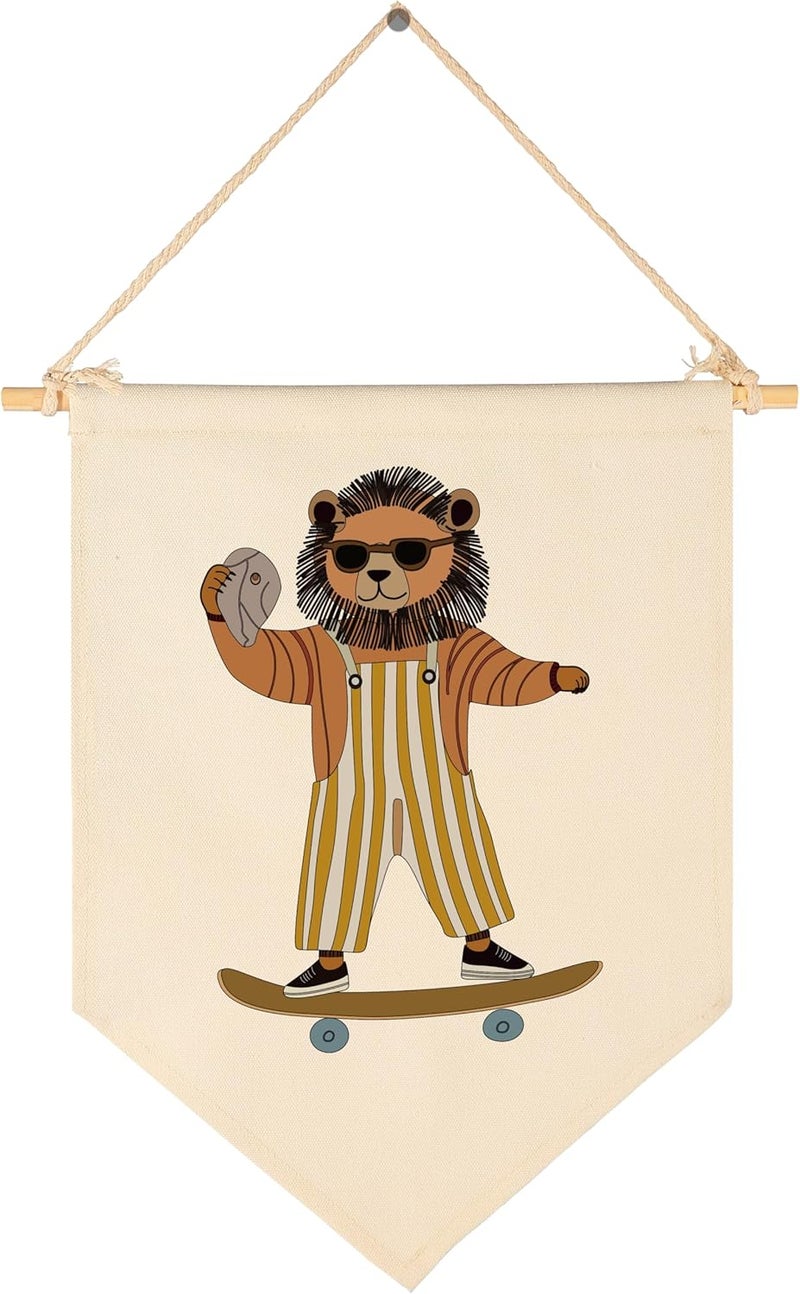 Sioial Nursery Baby Room Above Crib Reading Room Door Decoration-Baby,Shower,Birthday Christmas Gift for Boy Girl Kid Teen-Canvas Hanging Flag Banner Pennant Wall Sign Decor-Lion Skateboarding - Image 1